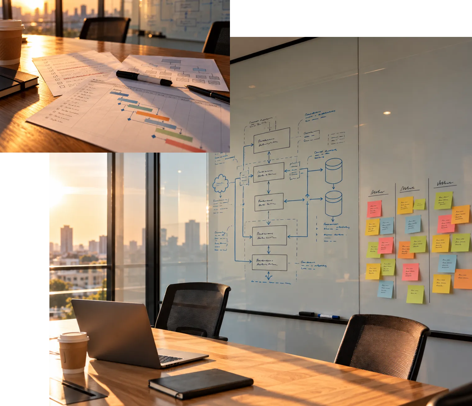 Project planning documents and technical architecture mapped out for implementation